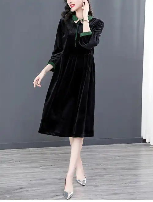 实拍金丝绒连衣裙女2024新款春装新款妈妈高端长袖中长裙 - 17网