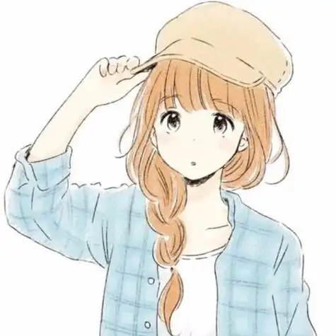 求一对情侣头像女孩戴着帽子扎着单麻花辫穿着蓝色格子衣服手持