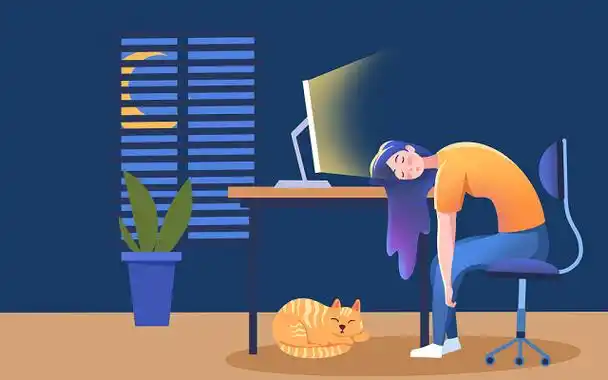 卡通人物熬夜工作加班原创插画海报