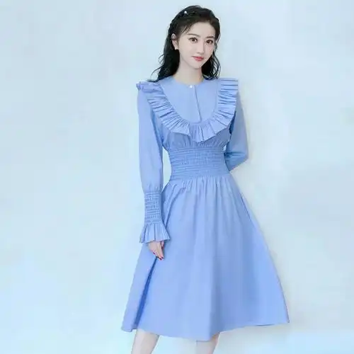 景甜明星同款2020早秋新款女装蓝色荷叶打榄大摆时尚修身连衣裙子