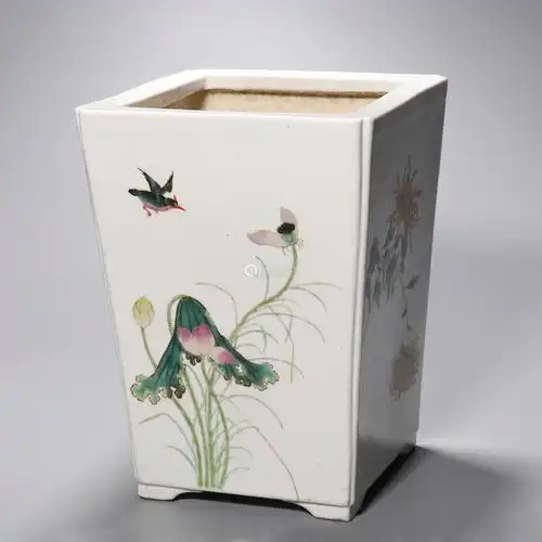 民国四方粉彩花鸟花盆