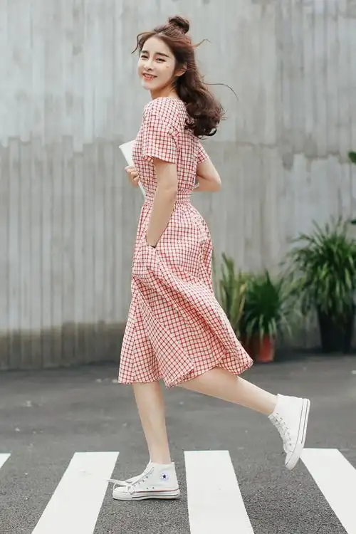 bonnie 夏新款韩版短袖格子连衣裙收腰显瘦纯棉中长款大裙摆长裙