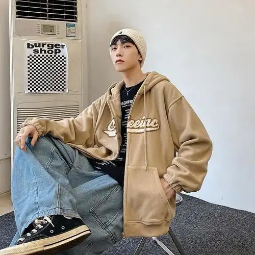 摇粒绒卫衣男港风新款潮流时尚植绒连帽开衫外套男生个性搭配上衣