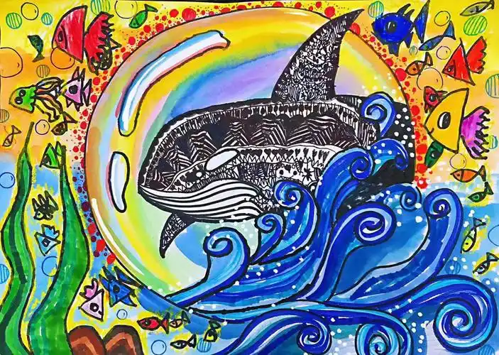 编号:24981 作品题目:蓝色海洋 作品形式(如:油画,国画等):儿童画