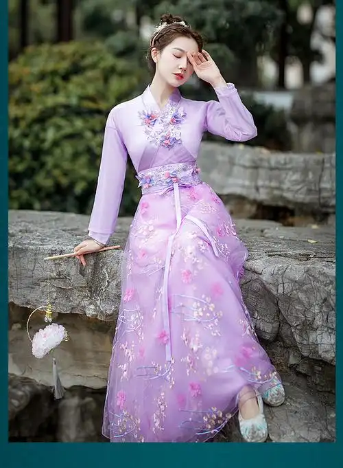 华莲原创汉服女冬古装飘逸超仙中国风古风襦裙舞蹈演出服装紫色连衣裙