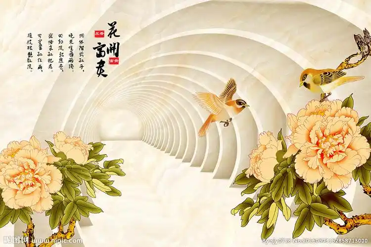 花开富贵黄色牡丹花朵中式背景墙图片