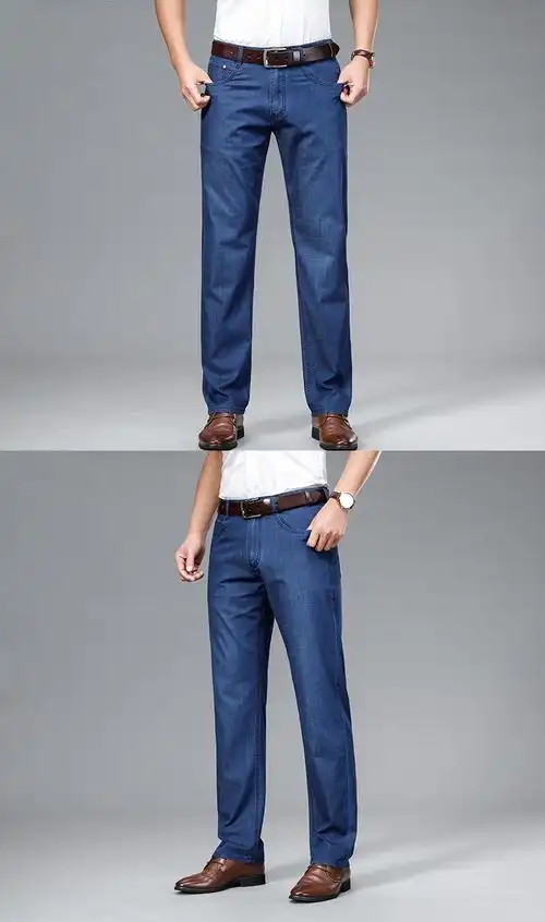 春夏新款牛仔裤休闲大码中腰直筒裤弹力名牌商务夏天薄款牛仔裤浅蓝32