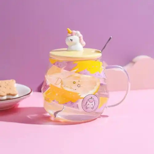 卡通可爱独角兽玻璃杯高硅棚办公室创意泡茶水杯餐厅咖啡马克杯子