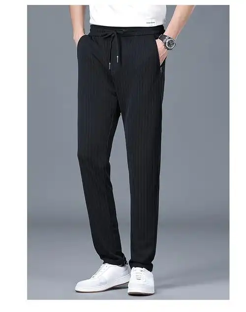 65夫悟高端品牌轻奢侈品男装高档夏季休闲裤男士新款条纹松紧腰冰丝