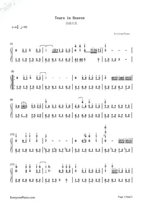 tears in heaven-泪洒天堂-克莱普顿双手简谱预览1