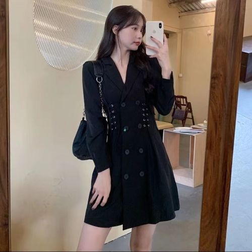 登页胖女孩穿的西装连衣裙女大号码收腰显瘦秋炸街西装连 黑色 m建议