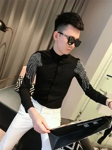 衬衫衬衣发型师打底小伙精神社会白衬衣烫钻网红衬衫