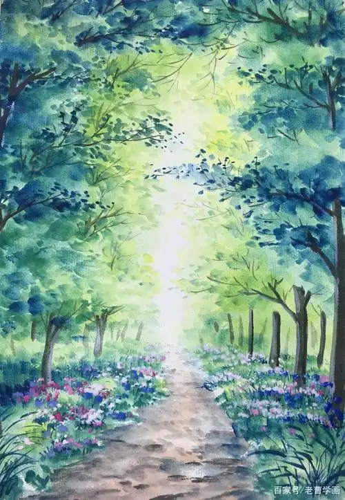 水粉淡彩《夏天的树林》