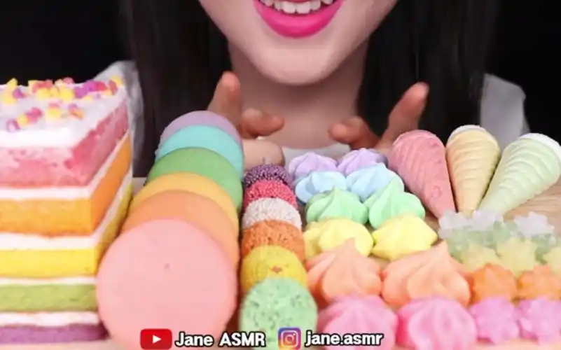 韩国吃播jane彩虹食品橡皮糖冰淇淋棉花糖吃的声音