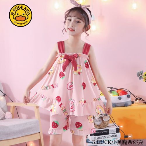 duckkids小黄鸭女童睡衣夏季小宝宝吊带儿童套装可爱公主超萌小女孩