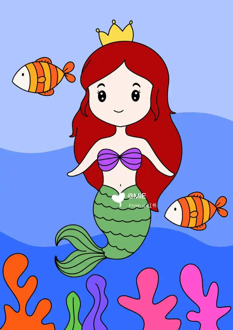 美人鱼儿童创意画 简笔画 带线稿