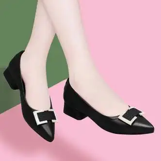 宾他她轻奢品牌黑色真皮小皮鞋女粗跟2021年新款春季百搭中跟浅口单鞋