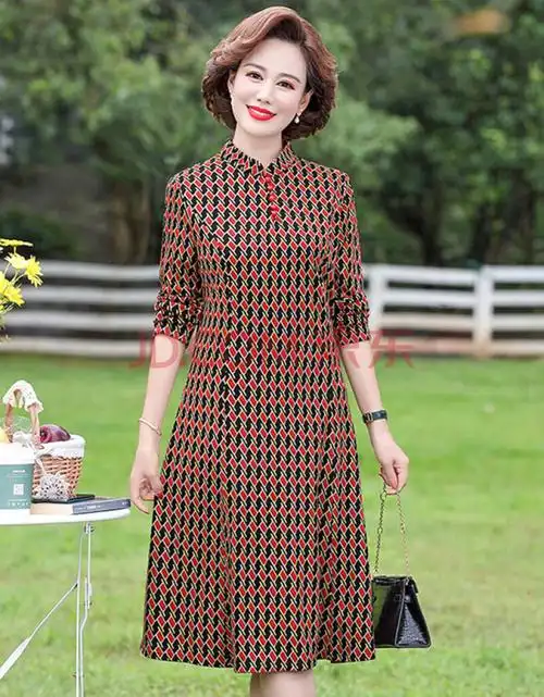 妈妈秋装连衣裙50岁洋气中年女装春秋长款过膝裙子新款上衣女 红色