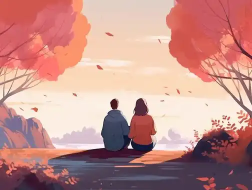 情侣紧挨着坐在一起的背影唯美浪漫情人节爱情双人手绘插画温馨氛围感