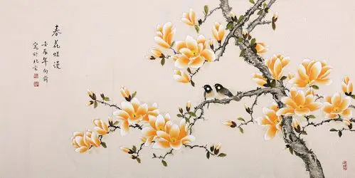 工笔画吴文清画的玉兰花花鸟图