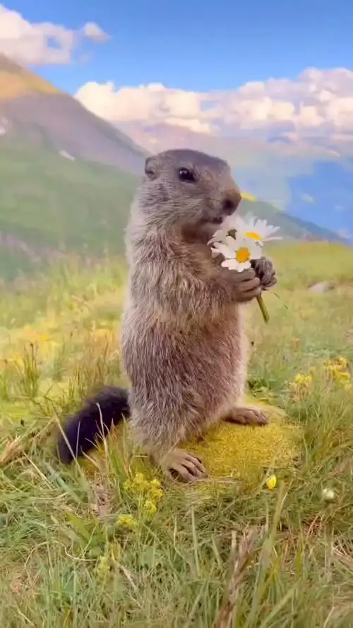 山坡上,一只可爱的土拨鼠在悠闲的吃着花瓣