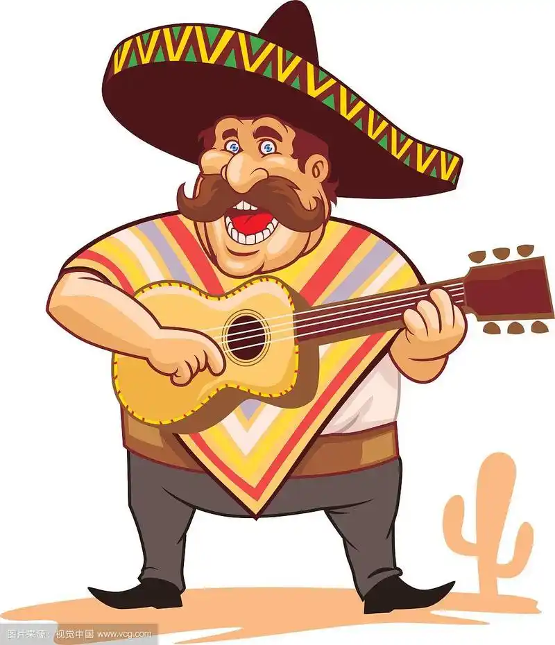 墨西哥人,带着宽边帽和吉他
