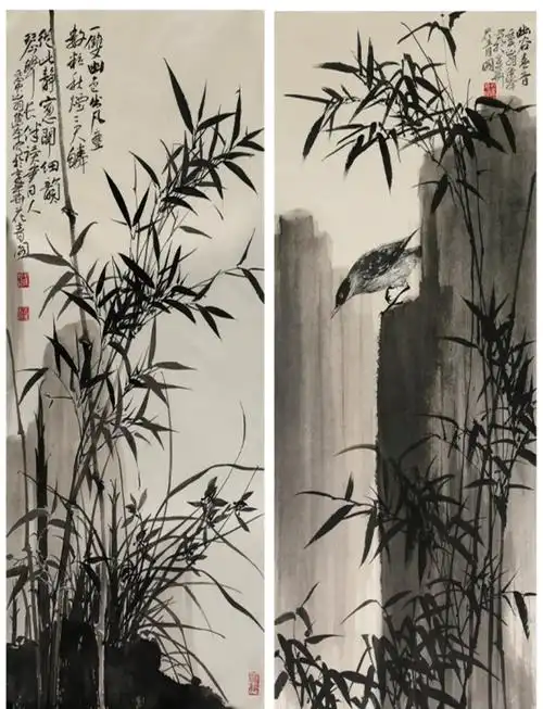 幽谷轻韵:国画写意竹子四条屏欣赏