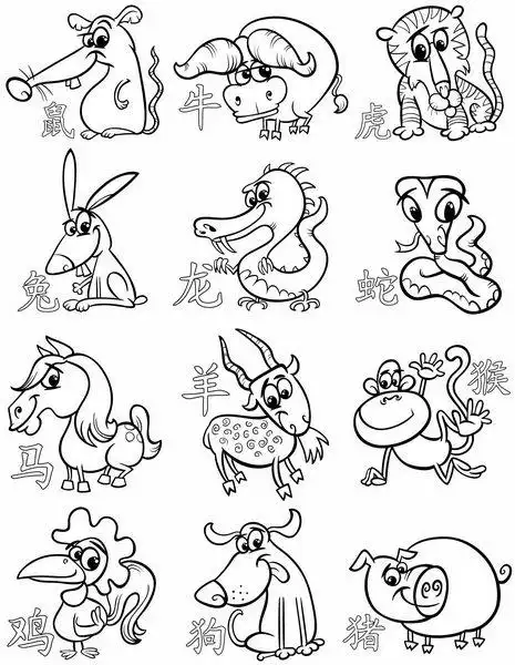手绘黑色线条卡通十二生肖png图片免抠矢量素材