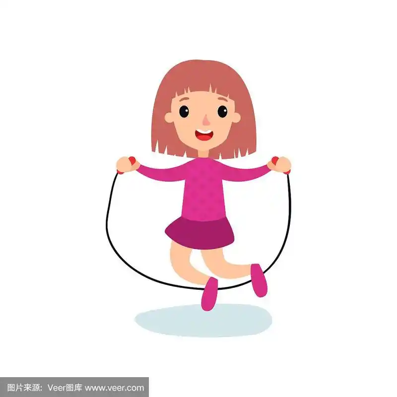小女孩角色微笑着用绳子跳跃,儿童体育运动卡通矢量插画
