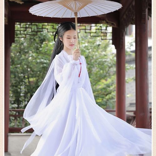 白色古装汉服女飘逸超仙气正品中国风改良版连衣裙女古风交领