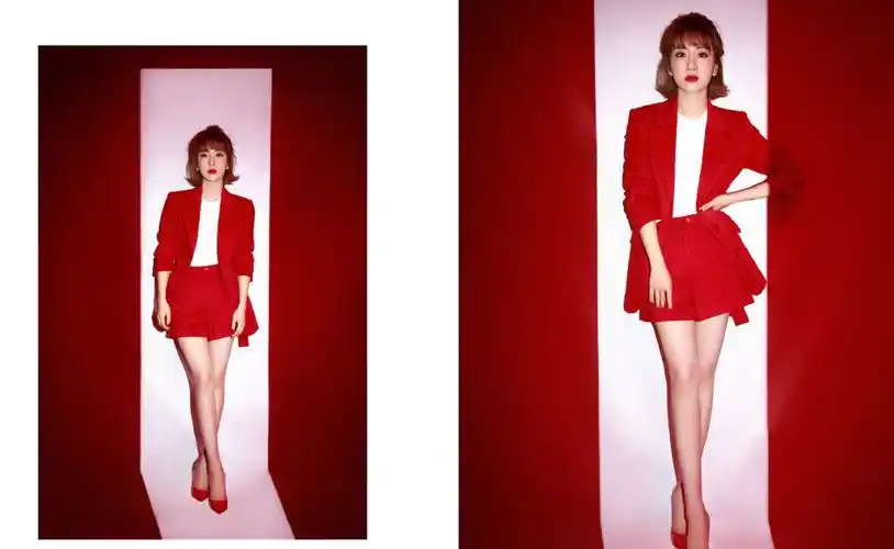 李念红色西装妩媚写真图片