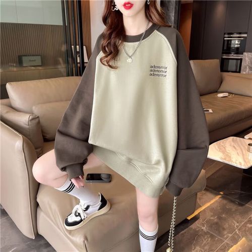 款卫衣女遮臀中长春秋款无帽长袖宽松新款 灰绿色 m 【建议80-110斤】