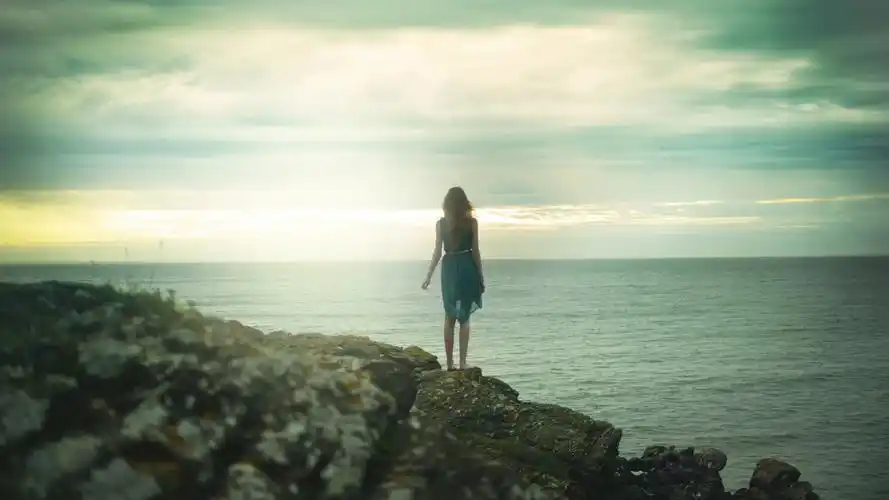 大海石头岩石女孩礼服背影唯美壁纸