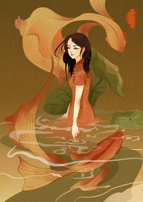 原创插画插画中国风插画金鱼旗袍古风女孩双鱼座