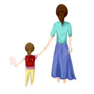 母亲节手绘牵着手的幸福母女背影扎马尾