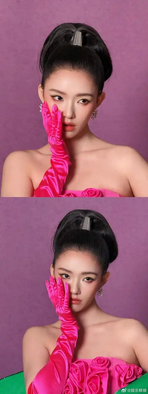 林允微博之夜粉裙撞衫开花蜡烛,芭比粉的裙子,点缀以点点绿色