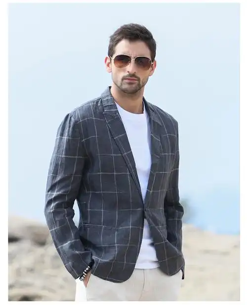 mafeishifigure轻奢品牌2020格子亚麻小西服男士春款商务休闲西装潮流