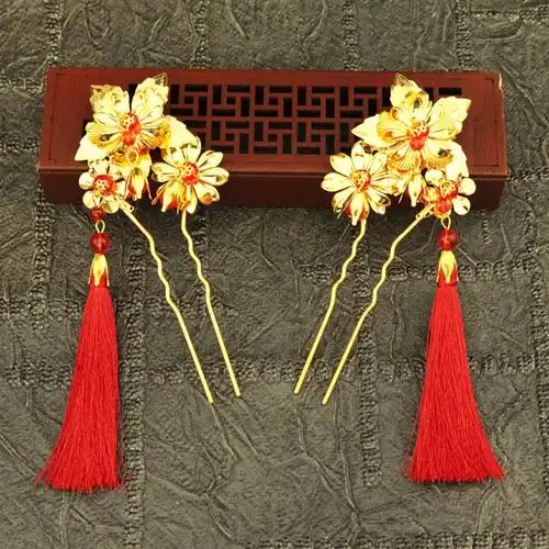 中式发簪秀禾服步摇流苏对簪儿童古装复古宫廷簪子公主汉服饰粉流苏一