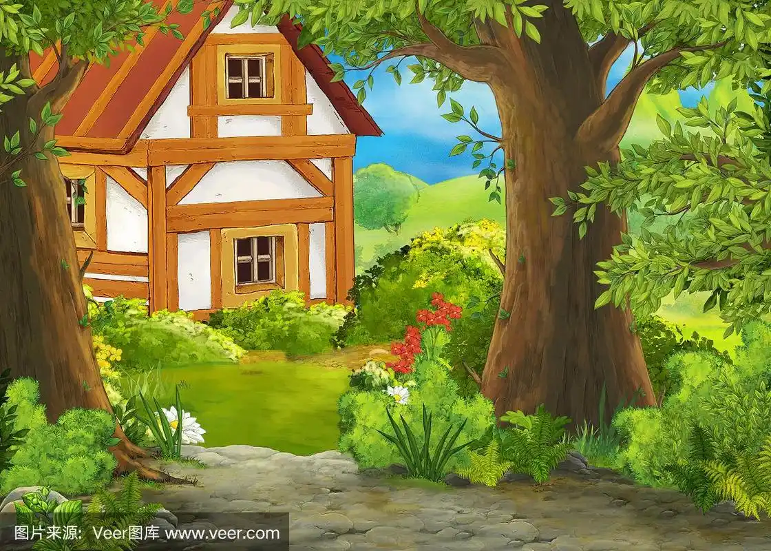 卡通场景与山和山谷与农场的房子和花园附近的森林