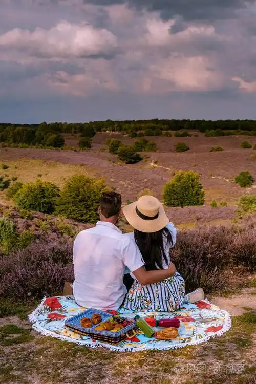 一对情侣漫步在草地上波旁国家公园的维鲁韦佐姆日出时盛开的石南田野