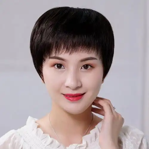 时尚妈妈真发发套气质逼真短发假发套女真人发丝中年光头圆脸可戴