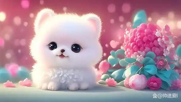 可爱的婴儿皮克斯风格圆乎乎的白色粉色博美犬宝宝,小