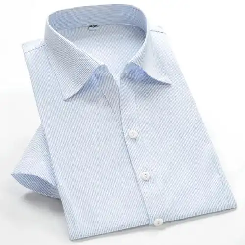 女士短袖白底蓝色细条纹衬衫银行ol工装v领条纹衬衣半袖大码寸衣