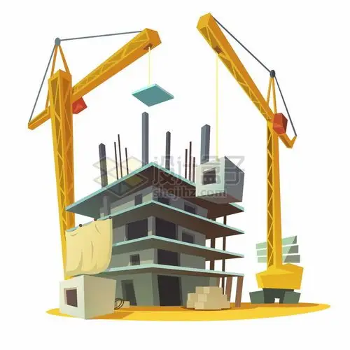 建筑工地上的塔吊建房子卡通插画png图片素材