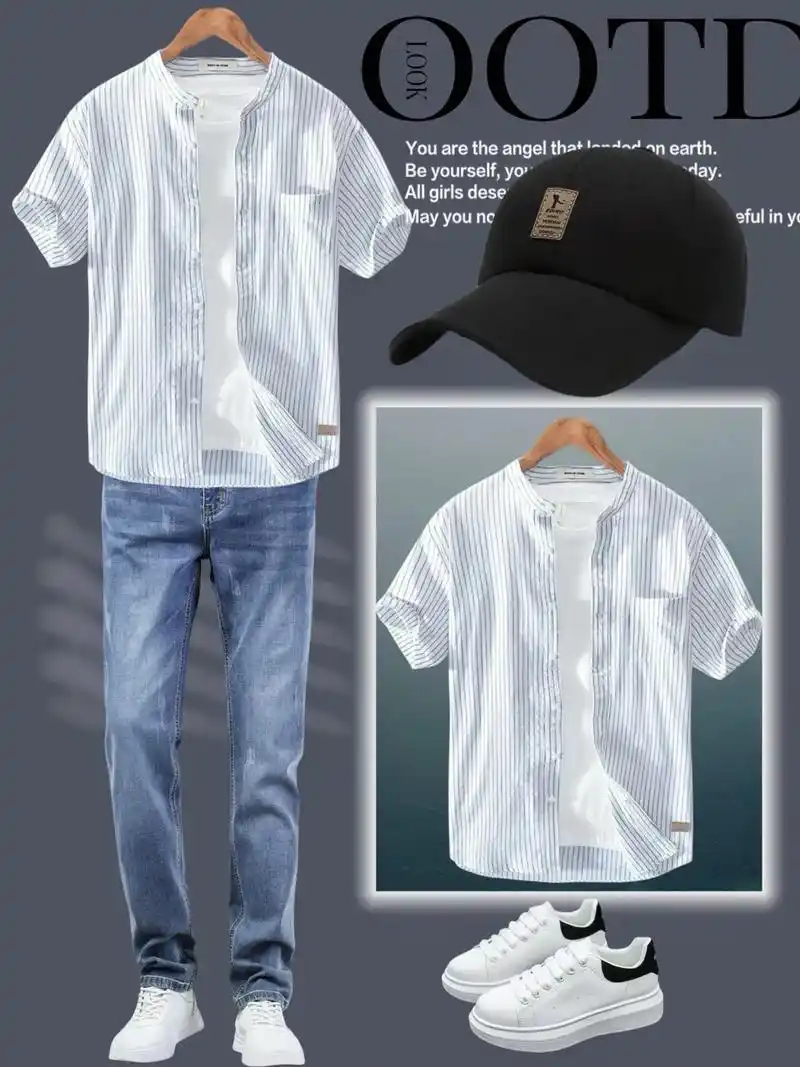 这款rc216 男士立领纯棉条纹短袖衬衫,白色尽显清爽,宽 - 抖音