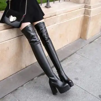 长筒靴大码超高筒长靴高跟防水台厚底过膝女41-43粗跟高筒显瘦弹力长