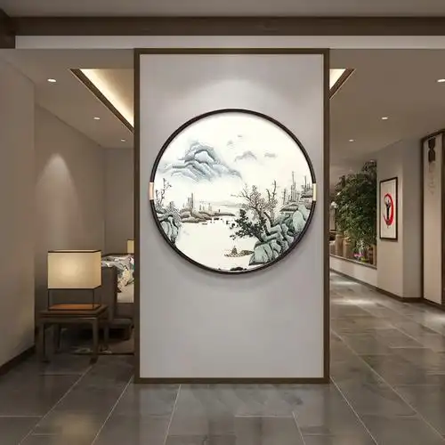 刺绣新中式圆形装饰画入户玄关挂画山水画立体餐厅背景墙壁画客厅