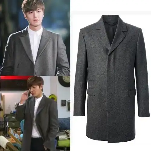 继承者们李敏镐同款男士外套中长款休闲翻领灰色单排扣羊毛呢大衣
