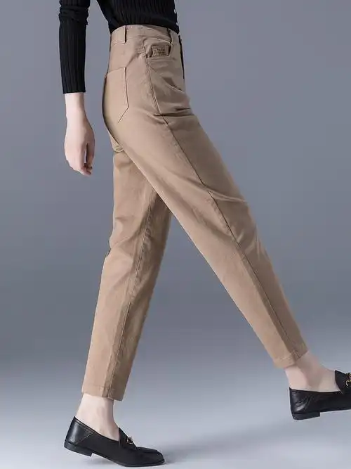 深卡其色裤子女萝卜裤大码女裤年新款直筒休闲九分哈伦裤