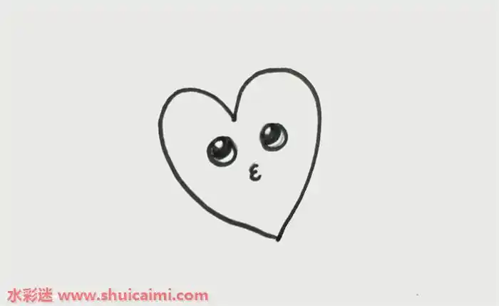 1,画两条对称的曲线,上宽下窄,呈桃心形状,心形的上方有个窝,下方是